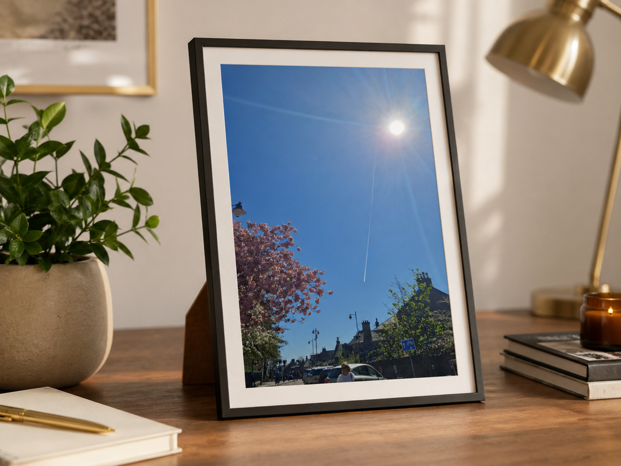 A flight photograph displayed in a frame on a desk